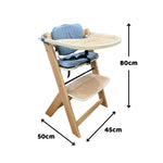 Load image into Gallery viewer, Measurement chart of a 45x50x80cm kid's wooden high chair on white background