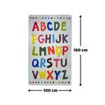 Load image into Gallery viewer, Measurement chart of a 100x160cm children's carpet with colorful English alphabet illustration and cartoon characters on a white background
