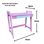 Load image into Gallery viewer, Pink desk with dimensions and adjustable heights on a white background
