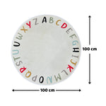 Load image into Gallery viewer, Measurement chart of a 100cm diameter children's round carpet with colorful letters of the alphabet arranged in a circular pattern on a white background
