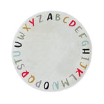 Load image into Gallery viewer, Children's round carpet with colorful letters of the alphabet arranged in a circular pattern on a white background
