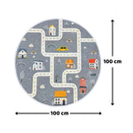 Load image into Gallery viewer, Measurement chart of a 100cm diameter children's round carpet with roads, houses, and trees illustrations depicting a small town on grey background

