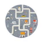 Load image into Gallery viewer, Children's round carpet with roads, houses, and trees illustrations depicting a small town on grey background
