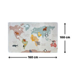 Load image into Gallery viewer, Measurement chart of 160x100cm of children's carpet with world map and animal illustrations on a white background
