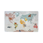 Load image into Gallery viewer, Children's carpet with world map and animal illustrations on a white background
