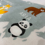 Load image into Gallery viewer, Zoomed in illustrations of a fox, bear, and panda on a children's carpet with world map and animal designs on a white background
