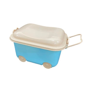 Blue plastic cart to store the musical instruments